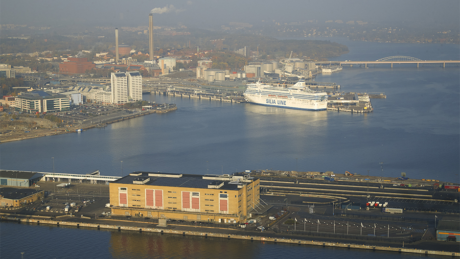 Flygbild över Frihamnen och Magasin 6